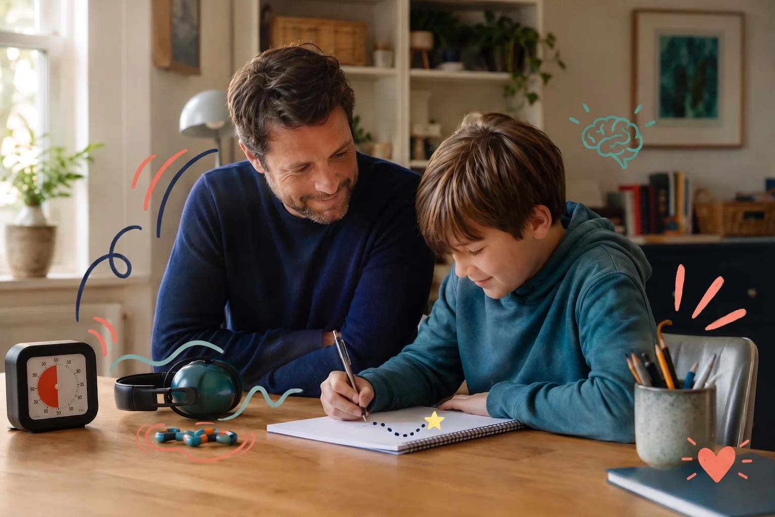 A parent and child working together at a calm home desk