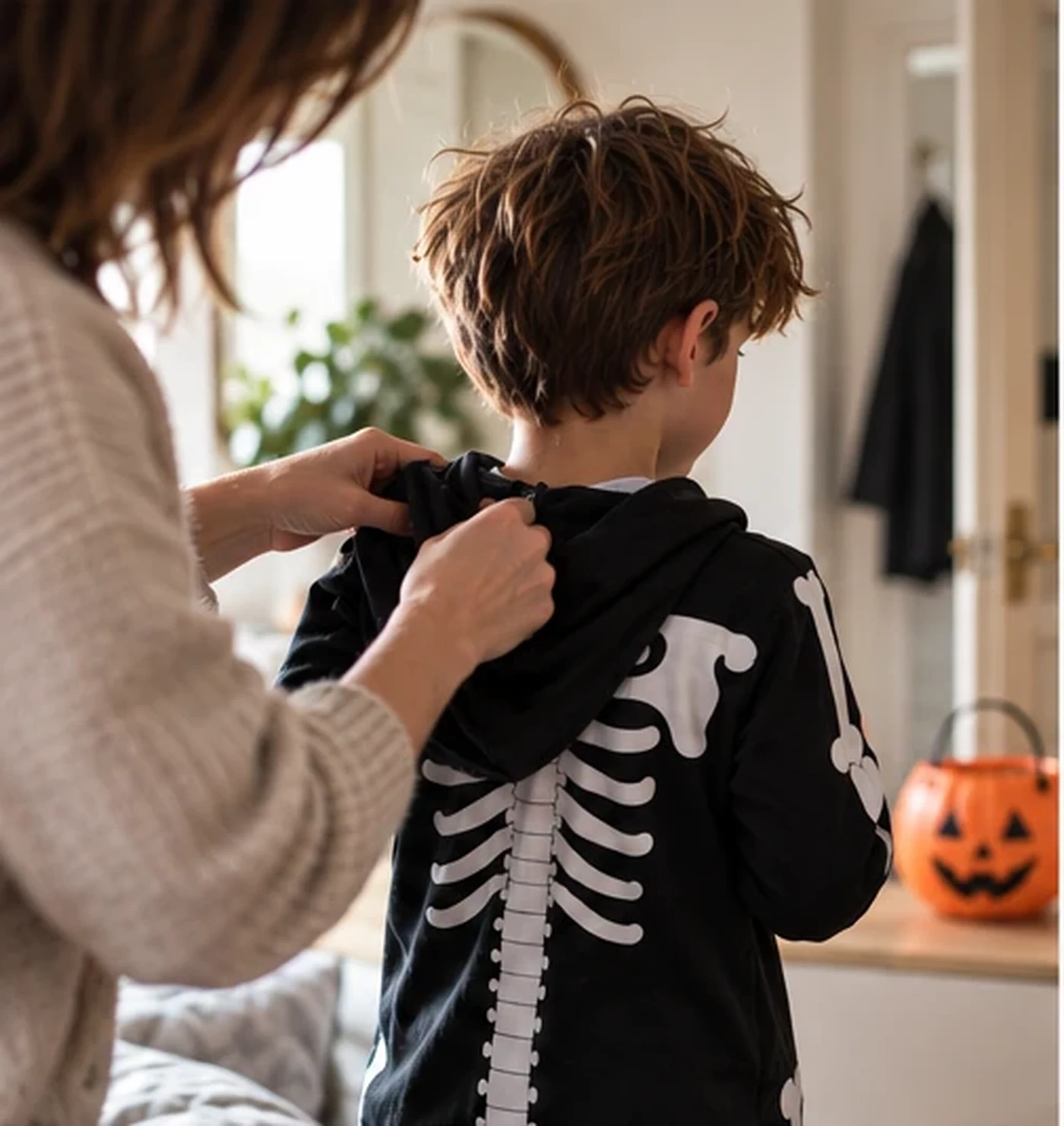 A child getting ready for Halloween with a parent at home