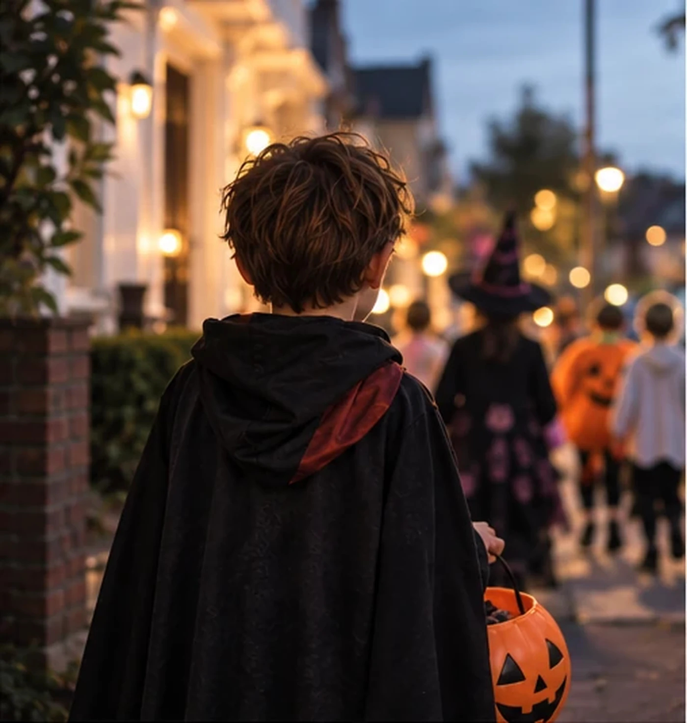 A child taking in the sights and activity of Halloween trick-or-treating