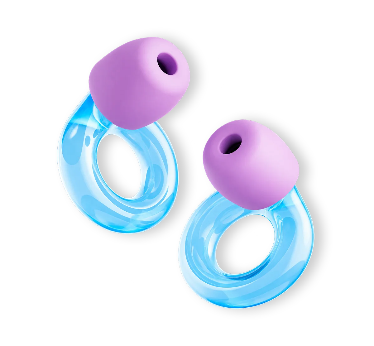 Pair of blue Loop Engage Kids 2 earplugs with purple ear tips